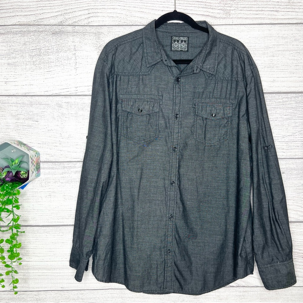 Straight Faded Dark Gray Button Down Long Sleeve Shirt Mens Size XL